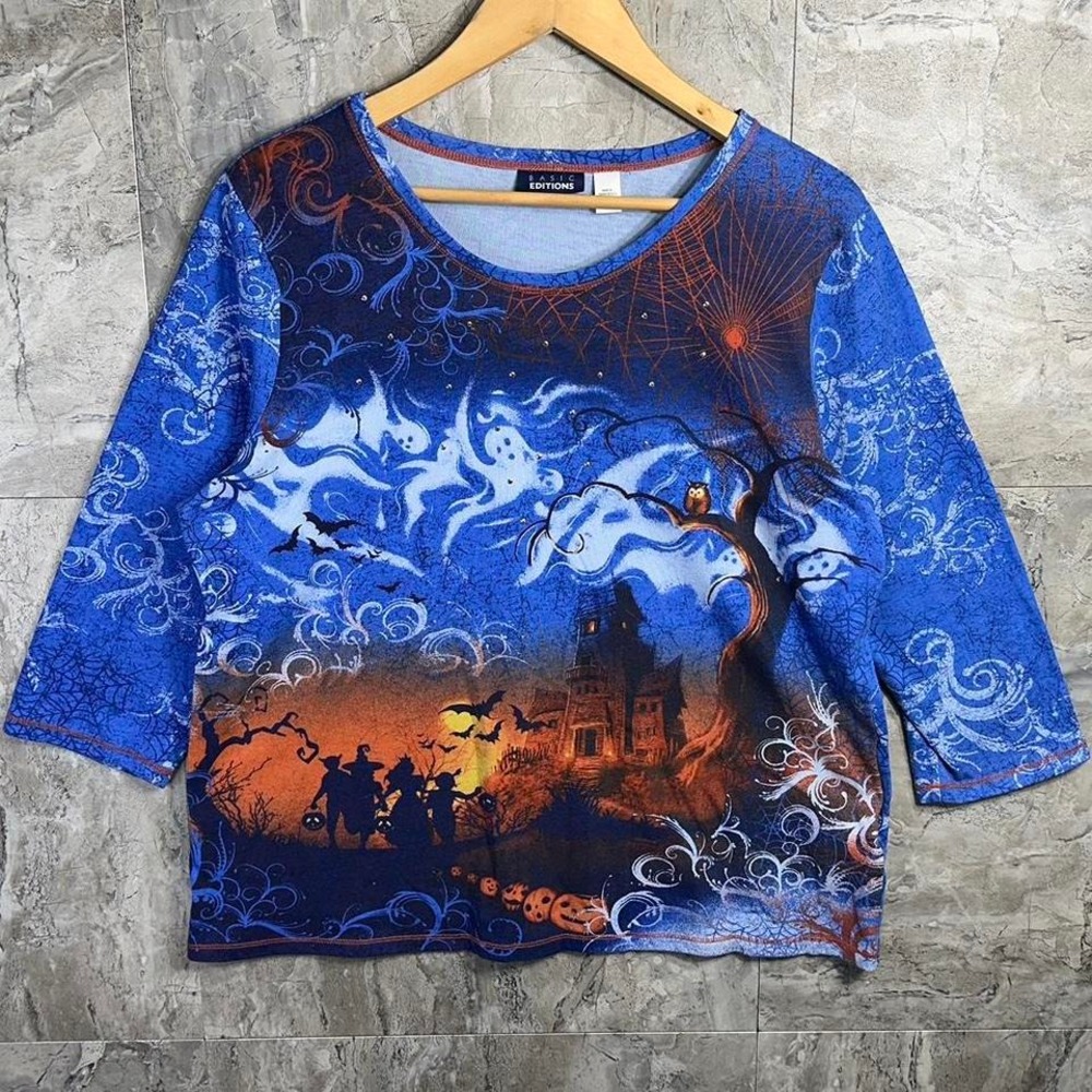 Basic Editions Halloween Graphic‎ Print Tops Women's XL Haunted House Pumpkin